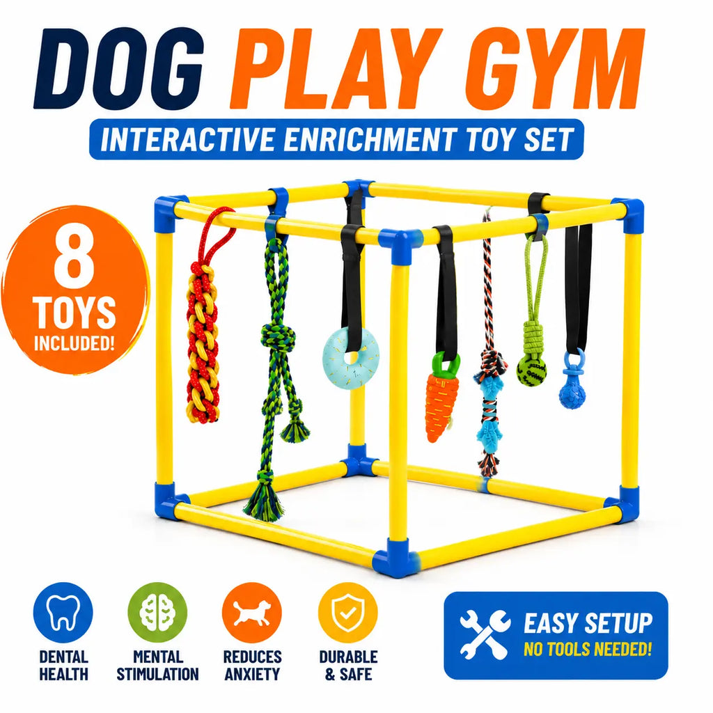 Interactive Puppy Play Gym with 8 Assorted Hanging Toys, Enrichment Activity Center for Small Dogs, Indoor PVC Frame with Adjustable Height, Squeaky, Teething, and Chew Toys, Easy-to-Remove Design