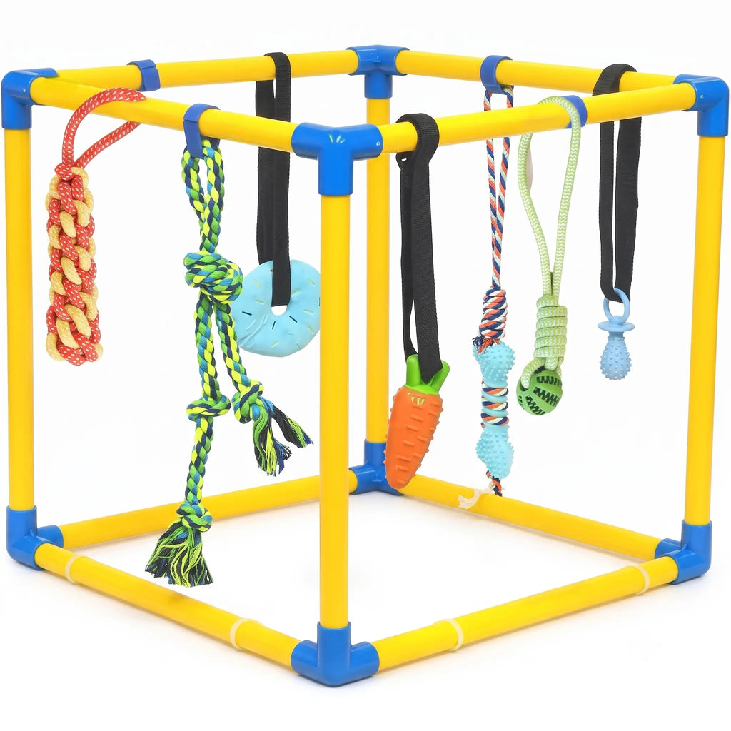 Interactive Puppy Play Gym with 8 Assorted Hanging Toys, Enrichment Activity Center for Small Dogs, Indoor PVC Frame with Adjustable Height, Squeaky, Teething, and Chew Toys, Easy-to-Remove Design
