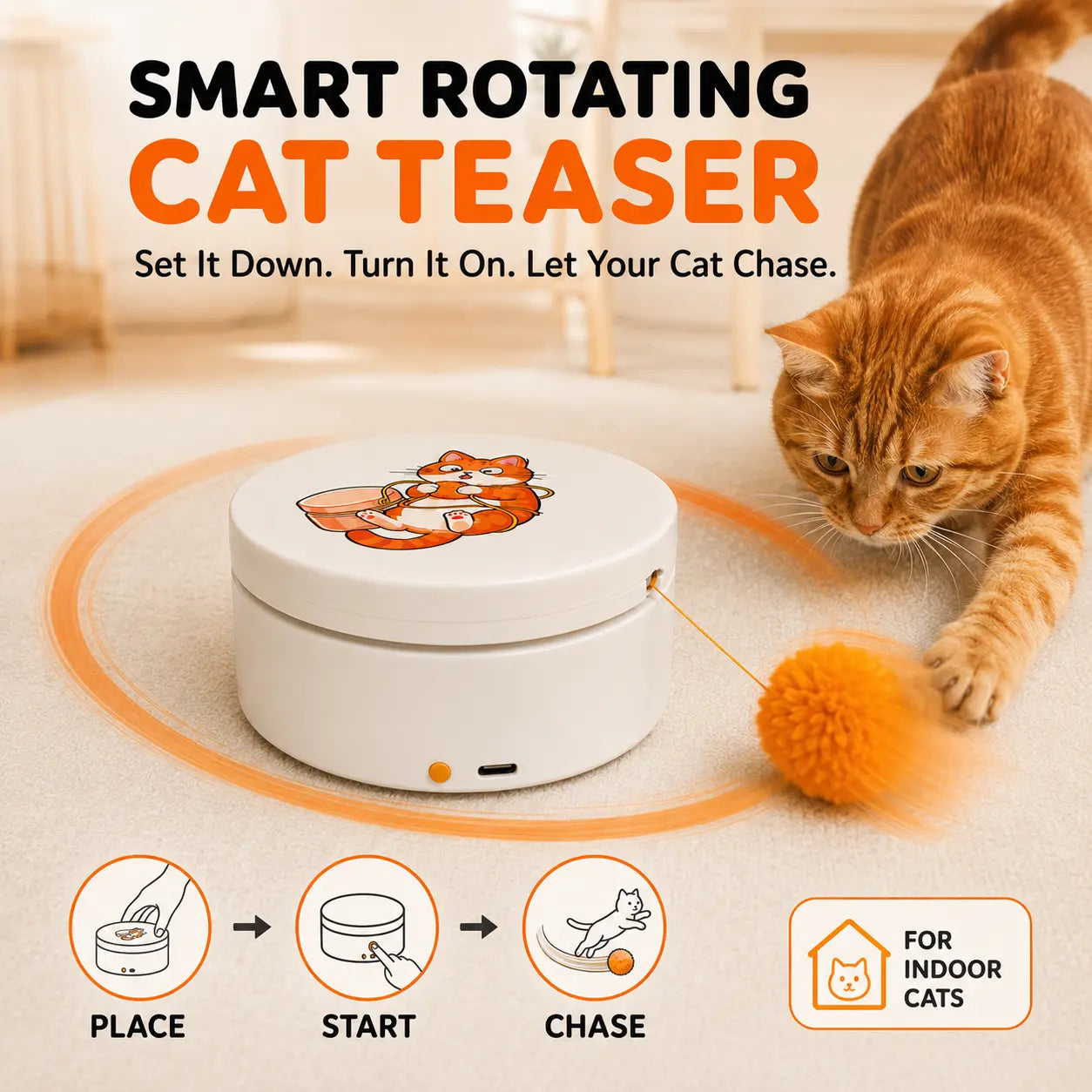 Smart Rotating Cat Teaser - Rechargeable Interactive Toy with 5 Play Modes, Touch-to-Wake, Auto Sleep, Multi-Surface Mounting, and Replaceable String for Indoor Cats and Kittens