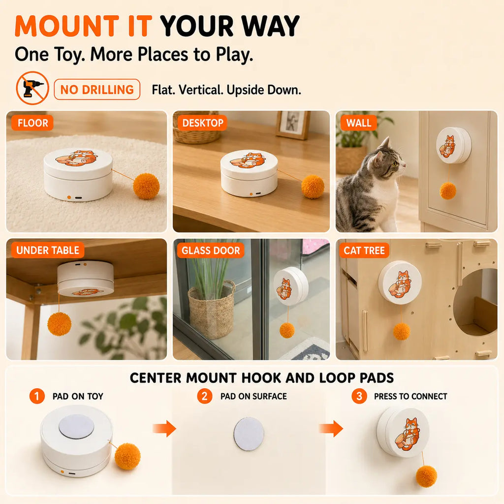 Smart Rotating Cat Teaser - Rechargeable Interactive Toy with 5 Play Modes, Touch-to-Wake, Auto Sleep, Multi-Surface Mounting, and Replaceable String for Indoor Cats and Kittens
