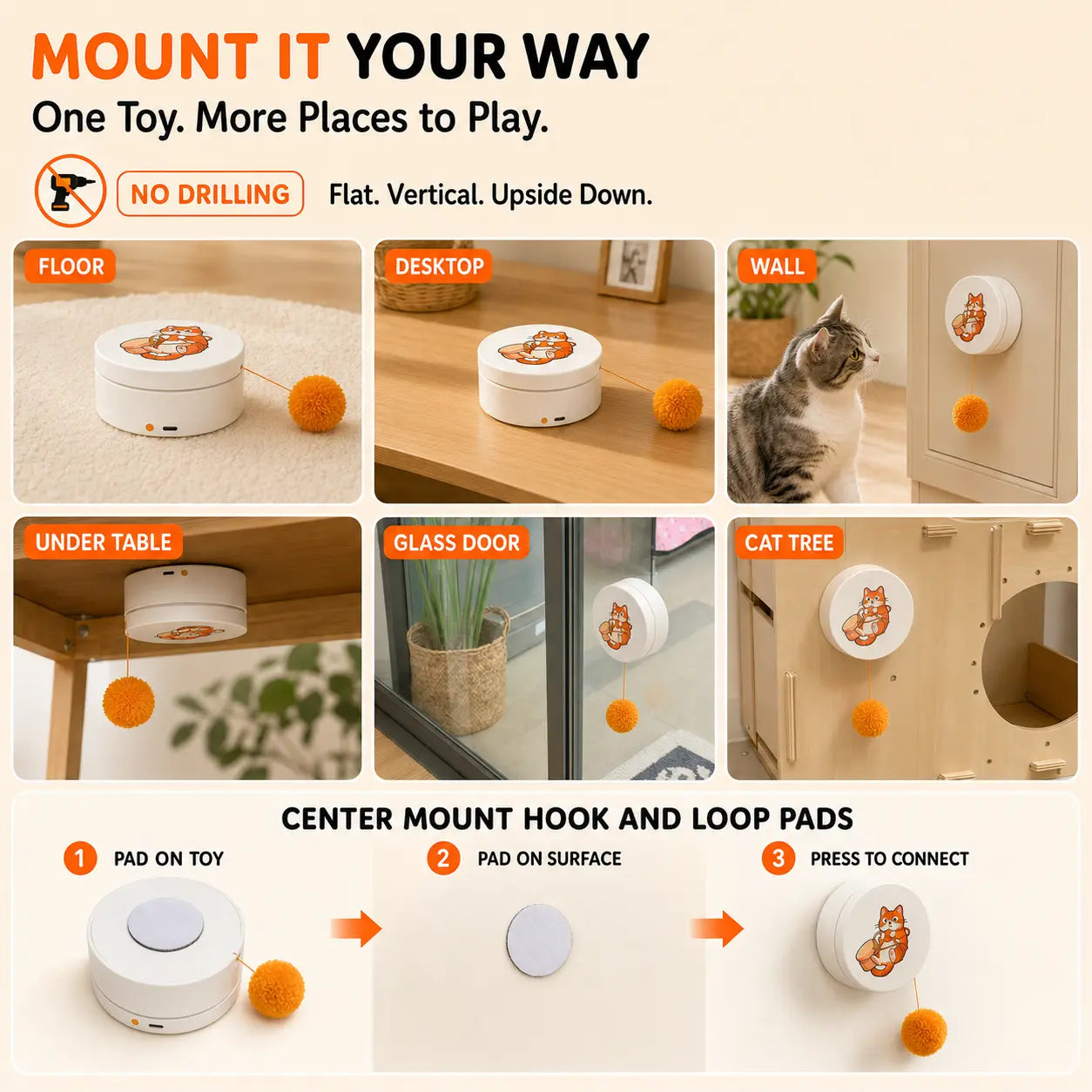 Smart Rotating Cat Teaser - Rechargeable Interactive Toy with 5 Play Modes, Touch-to-Wake, Auto Sleep, Multi-Surface Mounting, and Replaceable String for Indoor Cats and Kittens