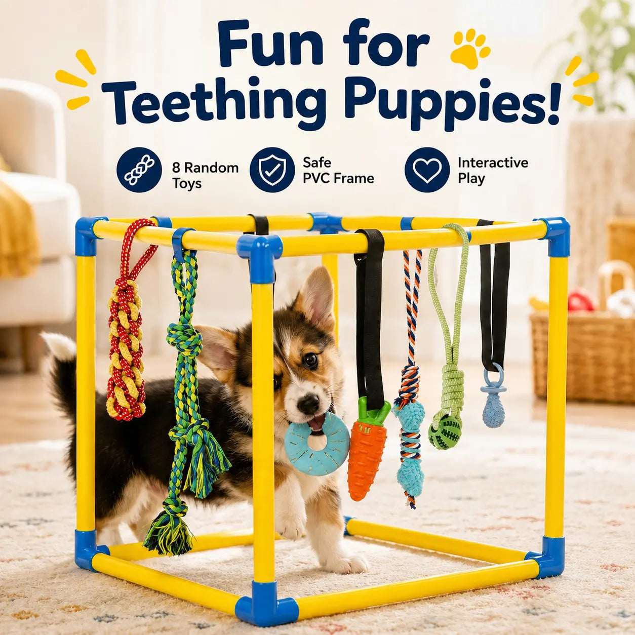 Interactive Puppy Play Gym with 8 Assorted Hanging Toys, Enrichment Activity Center for Small Dogs, Indoor PVC Frame with Adjustable Height, Squeaky, Teething, and Chew Toys, Easy-to-Remove Design