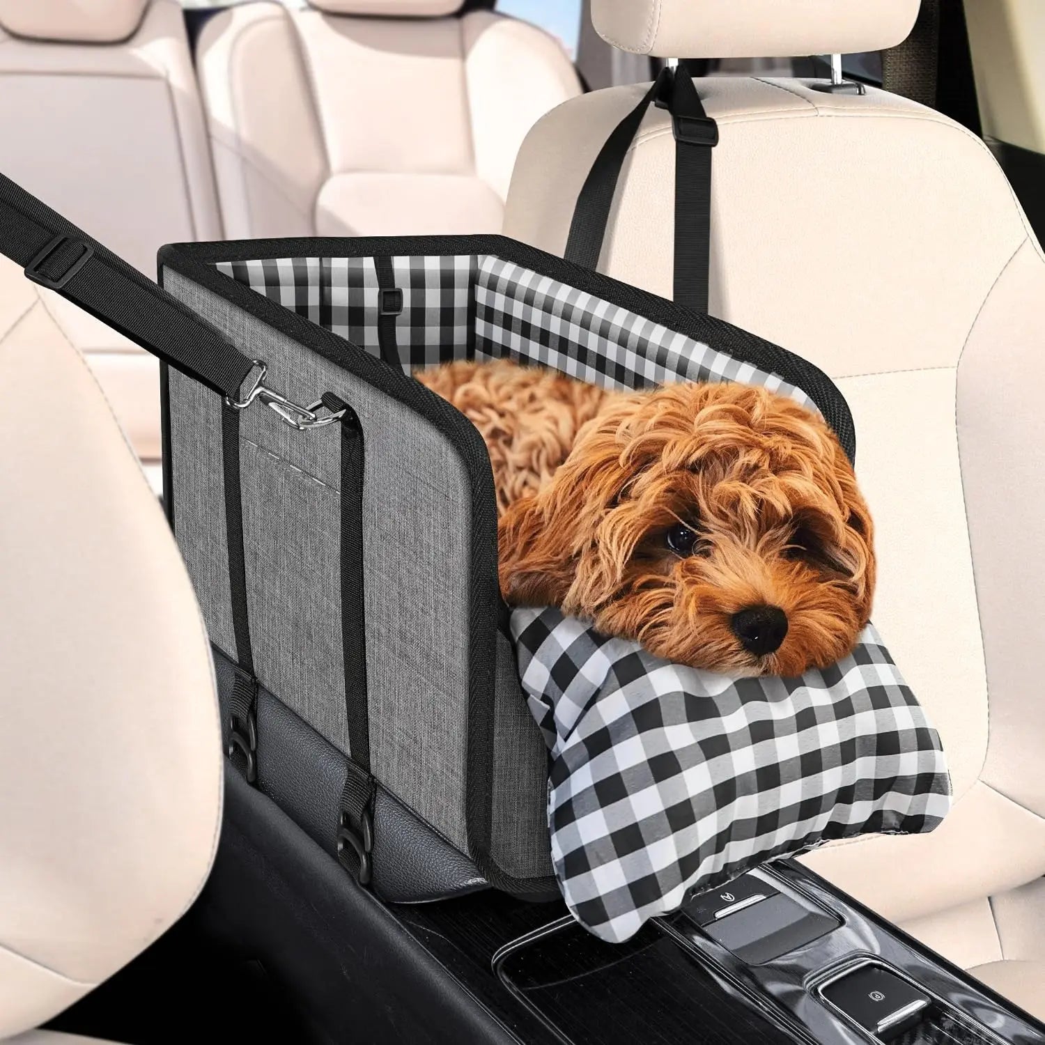 Premium Elevated Pet Booster Seat for Small Dogs and Cats (Up to 11 lbs) - Secure Anti-Collapse Carrier with Plush Mat and Safety Tether, Plaid Design