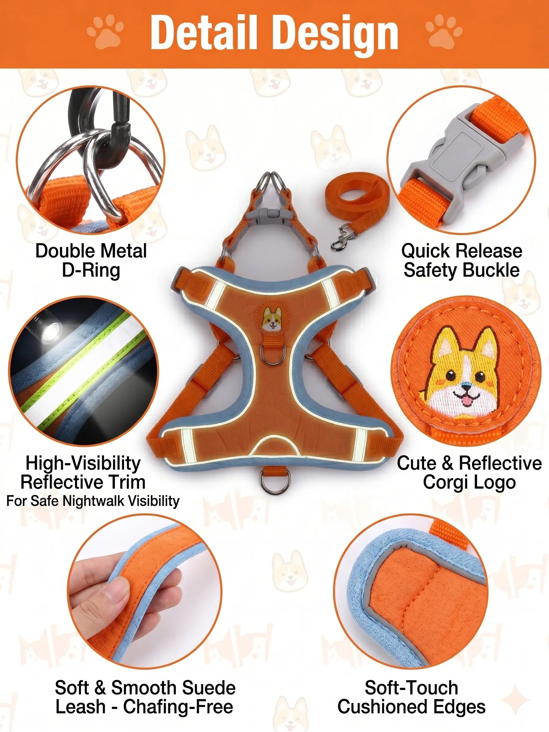 Adjustable Pet Harness and Leash Set - Soft Suede Vest, Durable Reflective Design, Tangle-Free Leash for Effortless Walking, Perfect for Daily and Nighttime Use