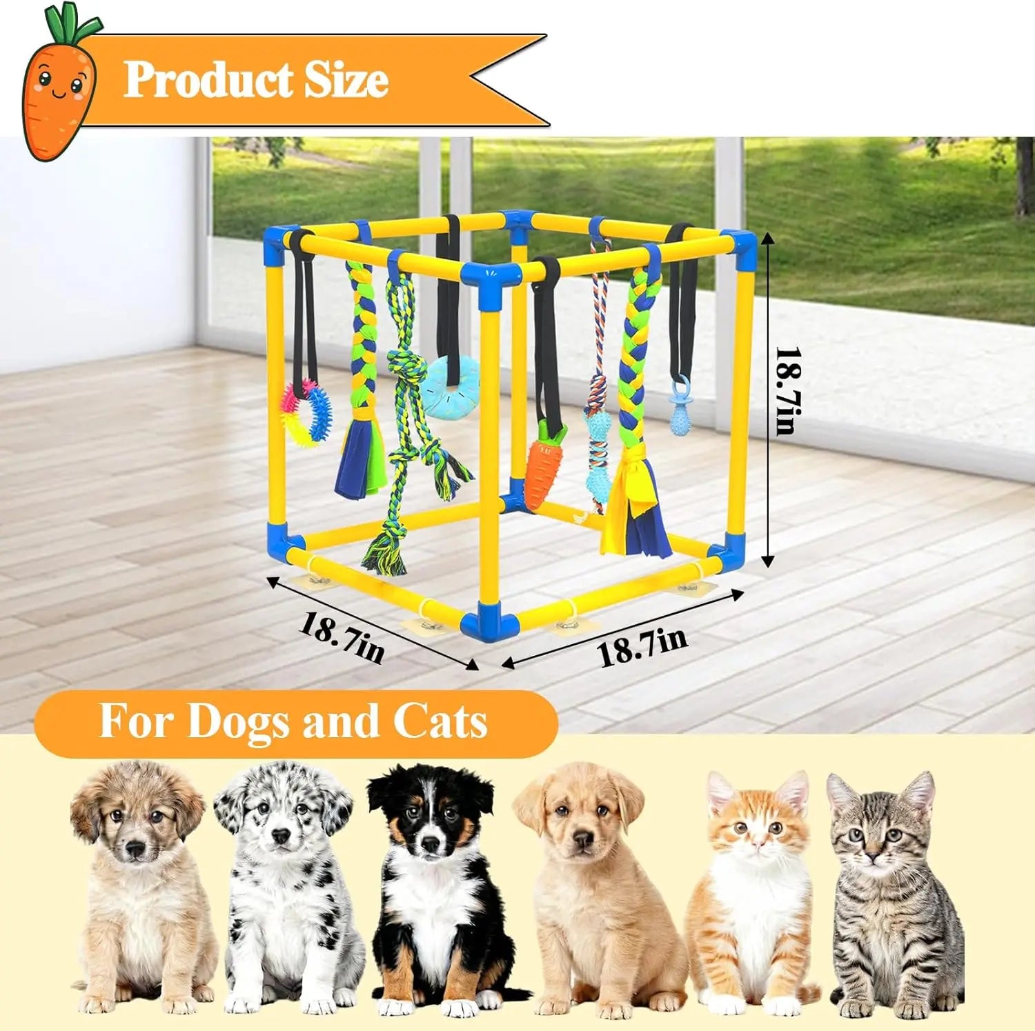 Interactive Puppy Play Gym with 8 Assorted Hanging Toys, Enrichment Activity Center for Small Dogs, Indoor PVC Frame with Adjustable Height, Squeaky, Teething, and Chew Toys, Easy-to-Remove Design