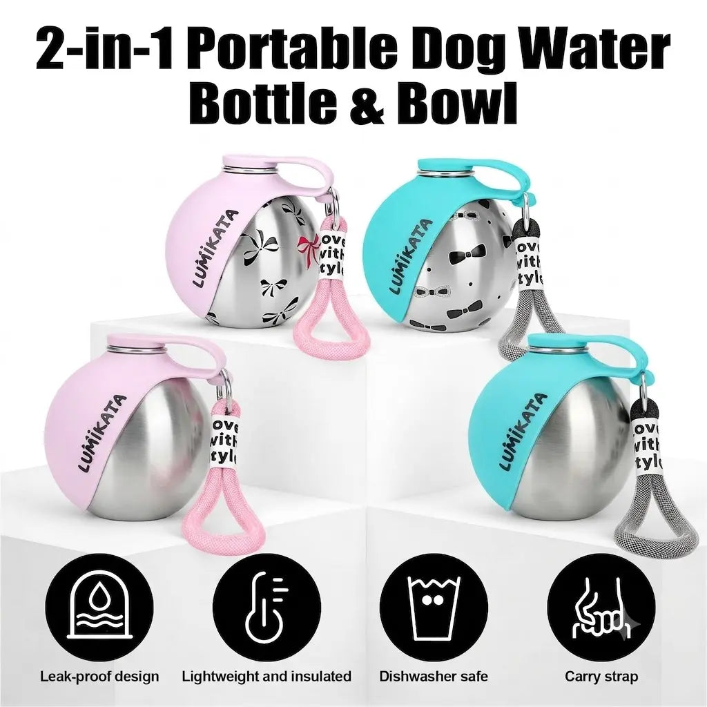 Lumikata 2-in-1 Portable Dog Water Bottle and Bowl, 10oz Stainless Steel Leak-Proof Tumbler for Walking