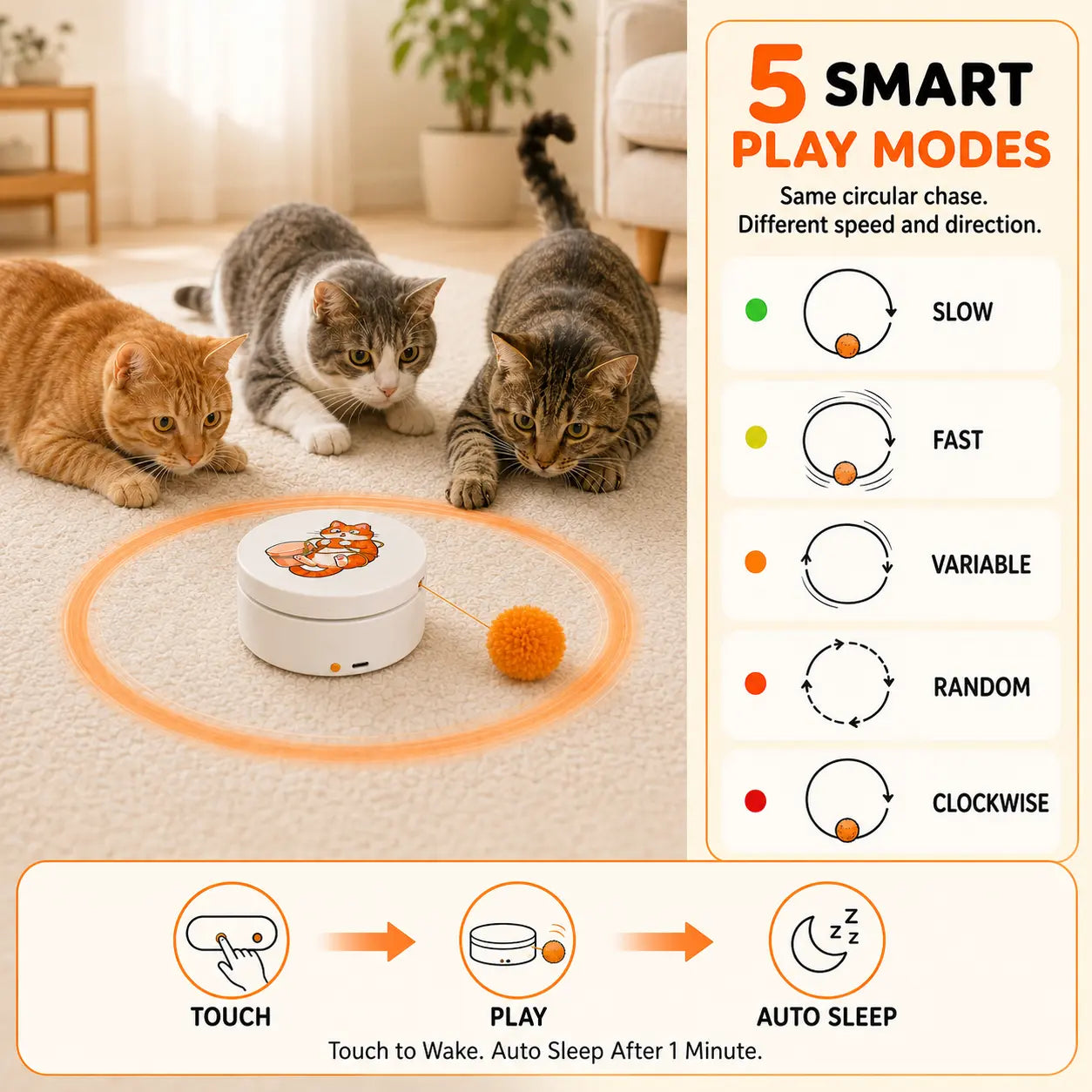 Smart Rotating Cat Teaser - Rechargeable Interactive Toy with 5 Play Modes, Touch-to-Wake, Auto Sleep, Multi-Surface Mounting, and Replaceable String for Indoor Cats and Kittens