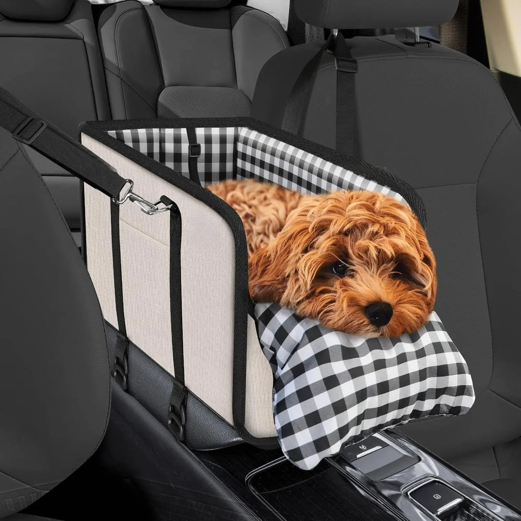 Premium Elevated Pet Booster Seat for Small Dogs and Cats (Up to 11 lbs) - Secure Anti-Collapse Carrier with Plush Mat and Safety Tether, Plaid Design