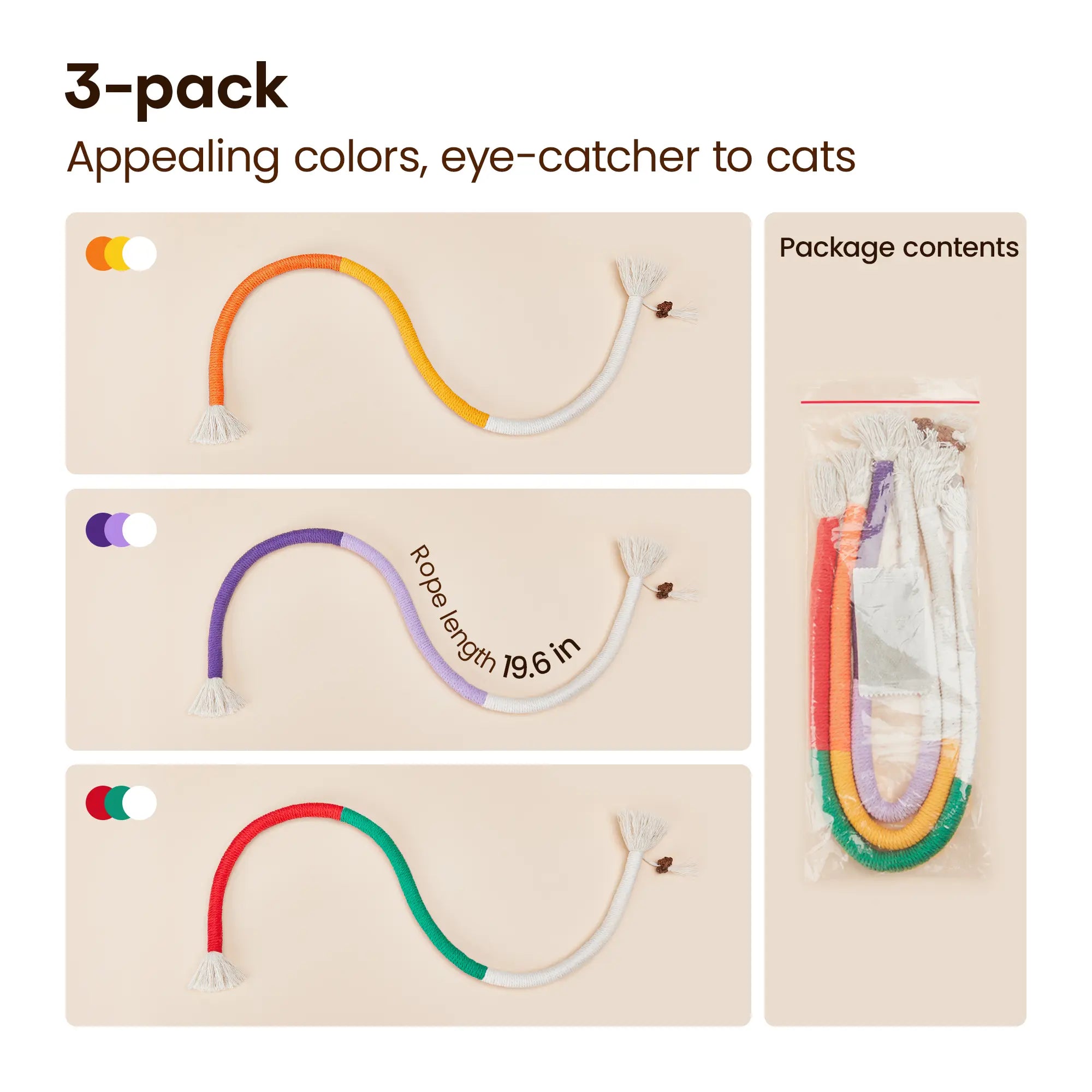 Potaroma 3-Pack Organic Cotton Snake-Shaped Interactive Cat Chew Ropes - Dental Care Toys for Indoor Kittens, Promoting Calming, Tartar Reduction, Fresh Breath, and Encouraging Indoor Play