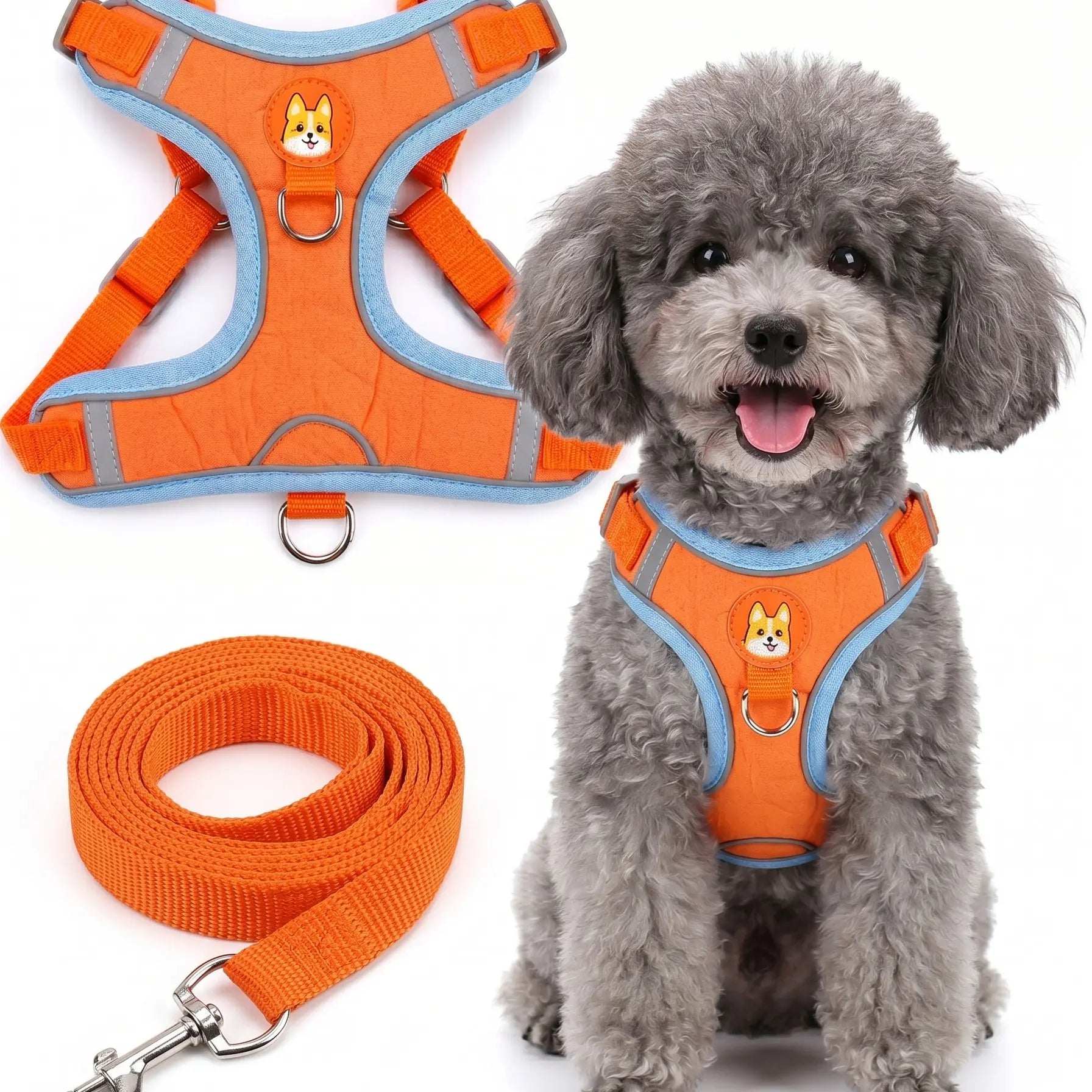 Adjustable Pet Harness and Leash Set - Soft Suede Vest, Durable Reflective Design, Tangle-Free Leash for Effortless Walking, Perfect for Daily and Nighttime Use