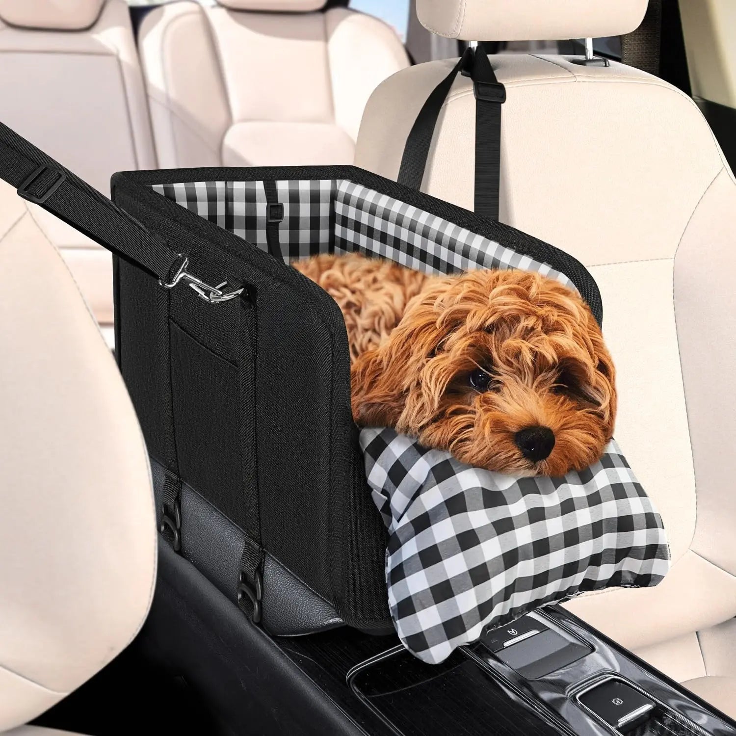 Premium Elevated Pet Booster Seat for Small Dogs and Cats (Up to 11 lbs) - Secure Anti-Collapse Carrier with Plush Mat and Safety Tether, Plaid Design