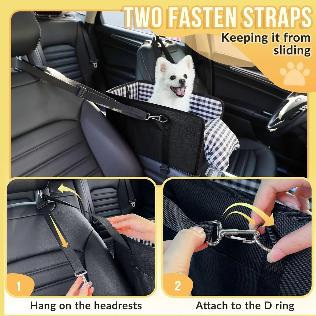 Premium Elevated Pet Booster Seat for Small Dogs and Cats (Up to 11 lbs) - Secure Anti-Collapse Carrier with Plush Mat and Safety Tether, Plaid Design
