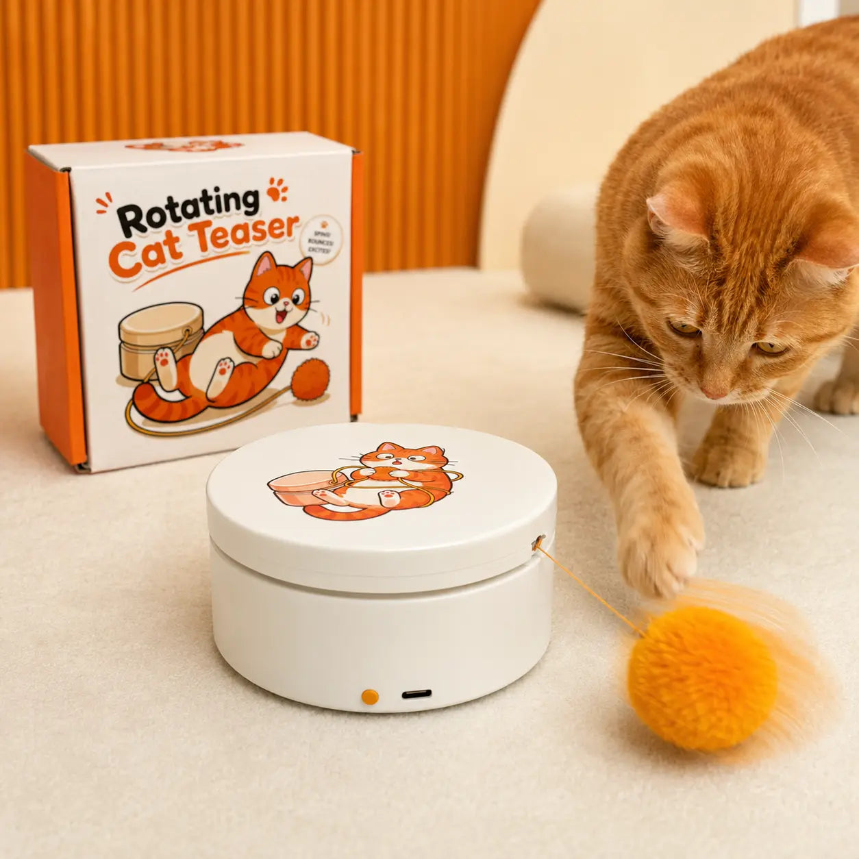 Smart Rotating Cat Teaser - Rechargeable Interactive Toy with 5 Play Modes, Touch-to-Wake, Auto Sleep, Multi-Surface Mounting, and Replaceable String for Indoor Cats and Kittens