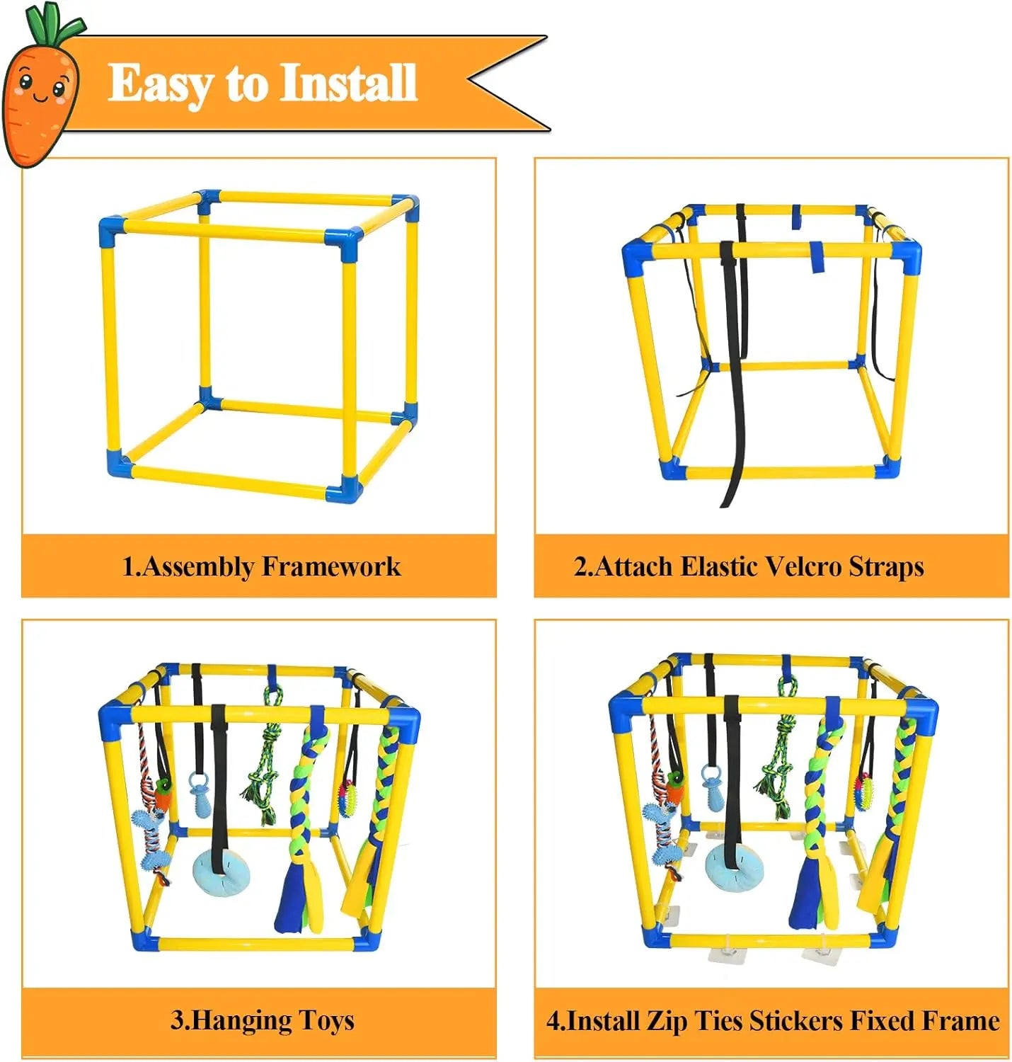 Interactive Puppy Play Gym with 8 Assorted Hanging Toys, Enrichment Activity Center for Small Dogs, Indoor PVC Frame with Adjustable Height, Squeaky, Teething, and Chew Toys, Easy-to-Remove Design