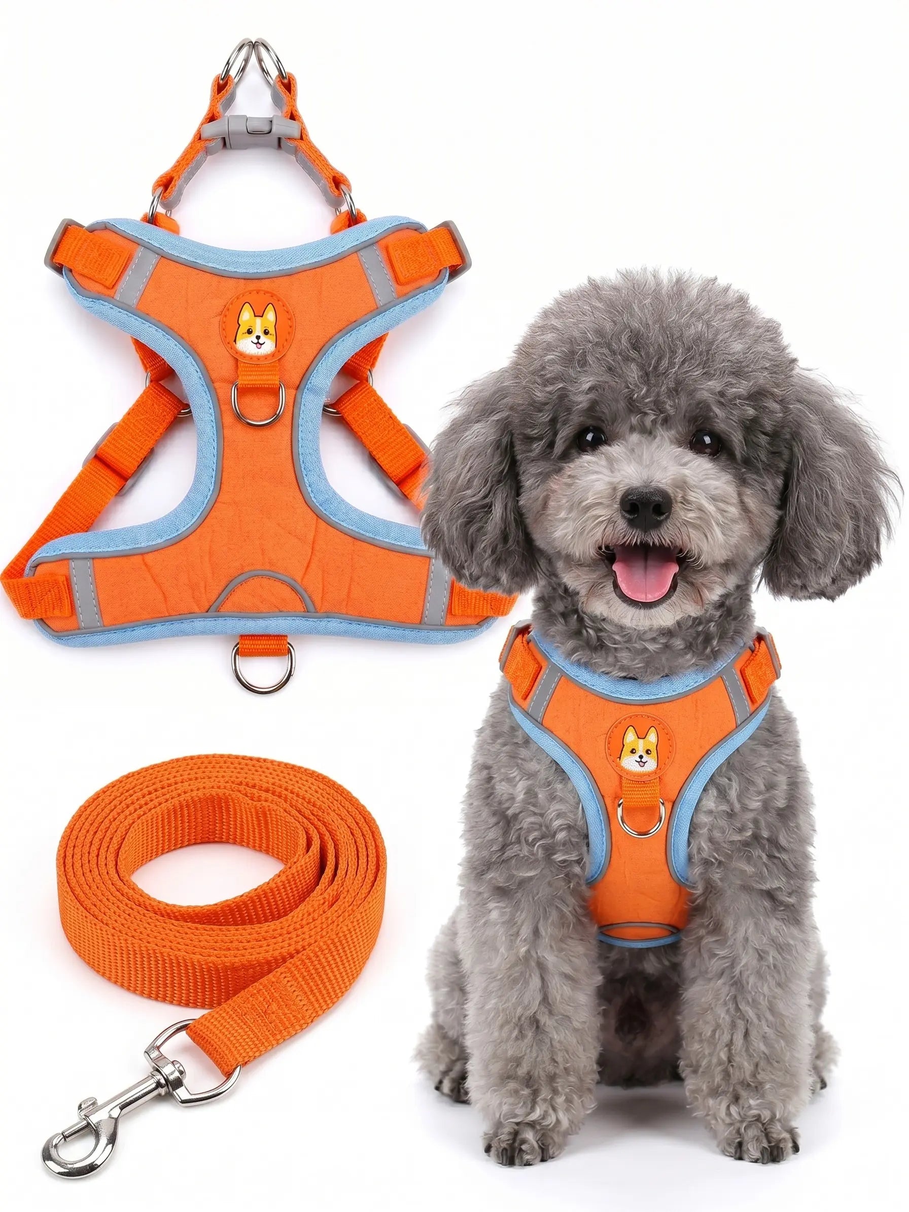 Adjustable Pet Harness and Leash Set - Soft Suede Vest, Durable Reflective Design, Tangle-Free Leash for Effortless Walking, Perfect for Daily and Nighttime Use