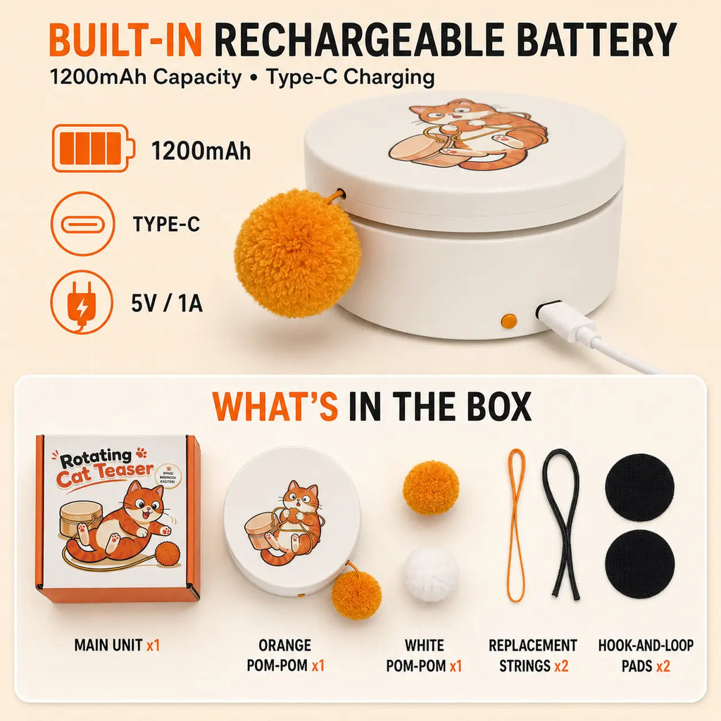 Smart Rotating Cat Teaser - Rechargeable Interactive Toy with 5 Play Modes, Touch-to-Wake, Auto Sleep, Multi-Surface Mounting, and Replaceable String for Indoor Cats and Kittens