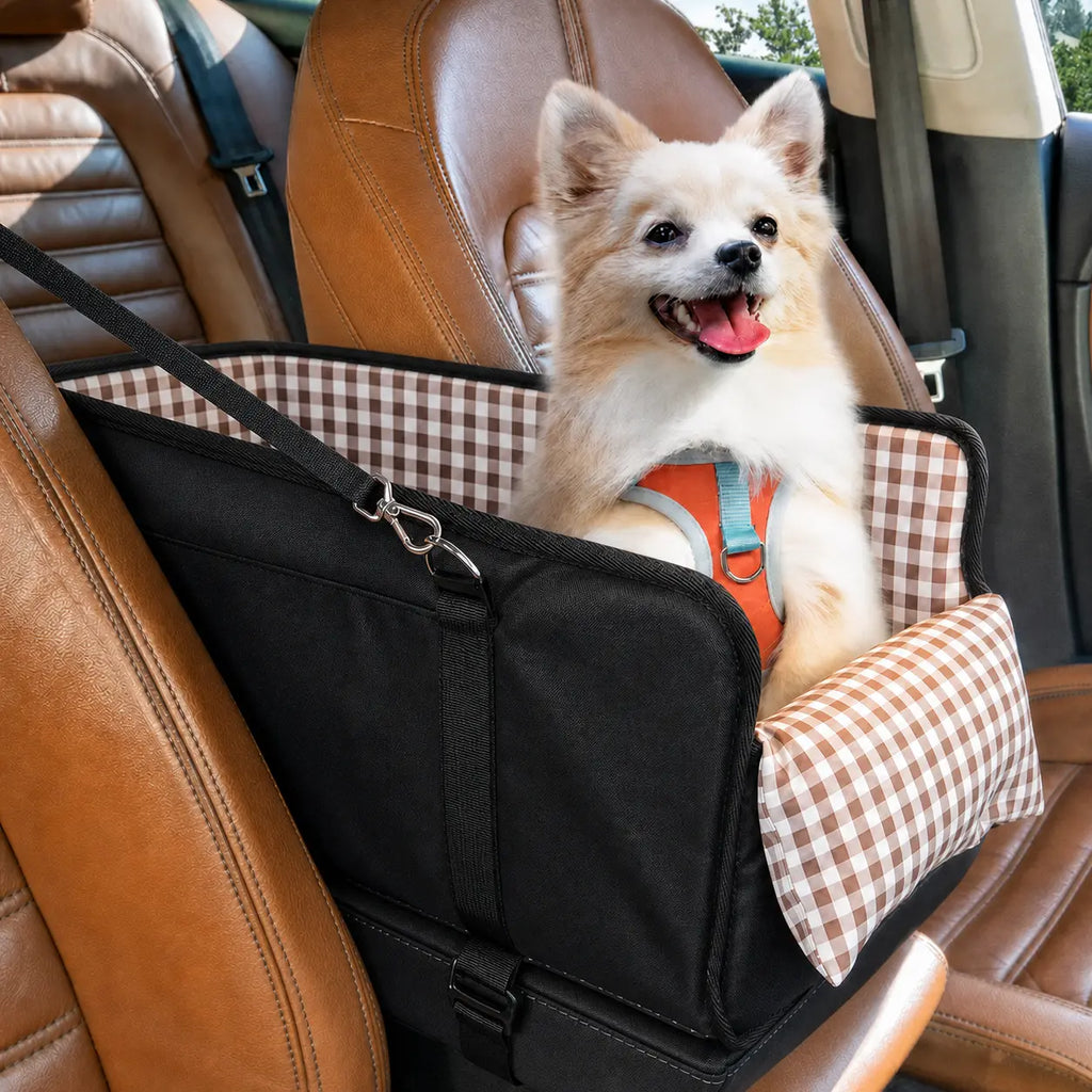 Premium Elevated Pet Booster Seat for Small Dogs and Cats (Up to 11 lbs) - Secure Anti-Collapse Carrier with Plush Mat and Safety Tether, Plaid Design