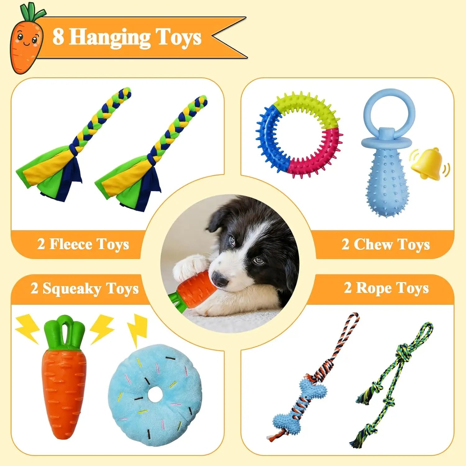 Interactive Puppy Play Gym with 8 Assorted Hanging Toys, Enrichment Activity Center for Small Dogs, Indoor PVC Frame with Adjustable Height, Squeaky, Teething, and Chew Toys, Easy-to-Remove Design