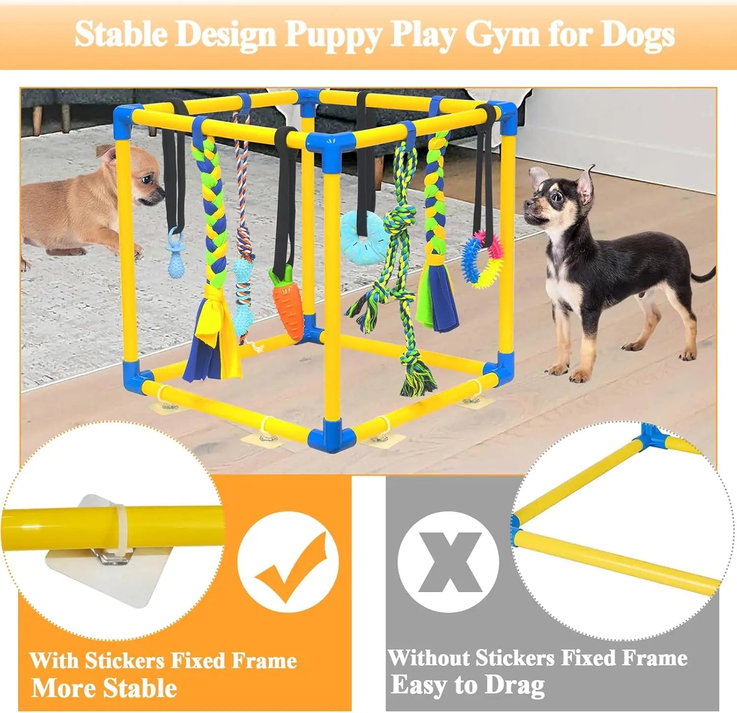 Interactive Puppy Play Gym with 8 Assorted Hanging Toys, Enrichment Activity Center for Small Dogs, Indoor PVC Frame with Adjustable Height, Squeaky, Teething, and Chew Toys, Easy-to-Remove Design