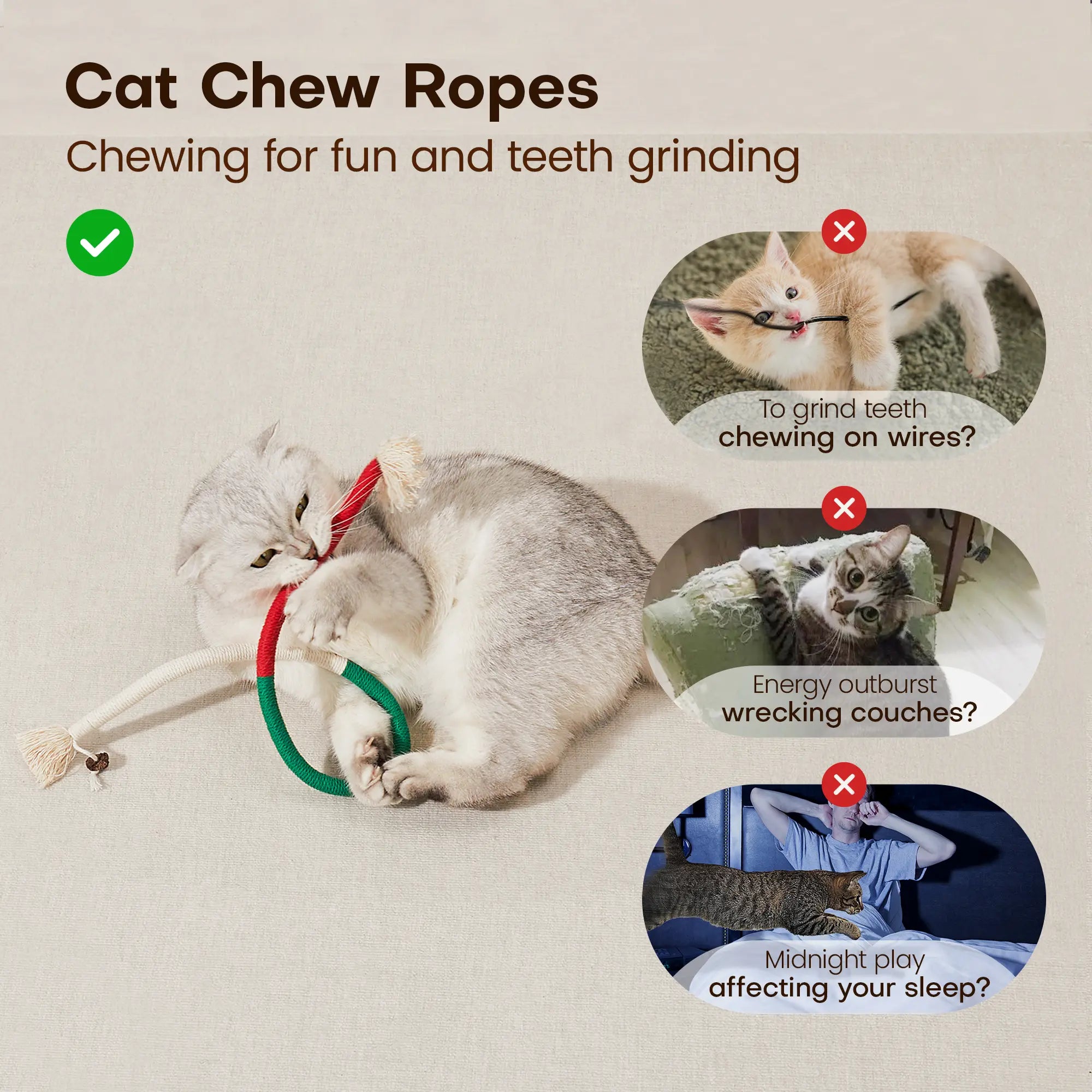 Potaroma 3-Pack Organic Cotton Snake-Shaped Interactive Cat Chew Ropes - Dental Care Toys for Indoor Kittens, Promoting Calming, Tartar Reduction, Fresh Breath, and Encouraging Indoor Play