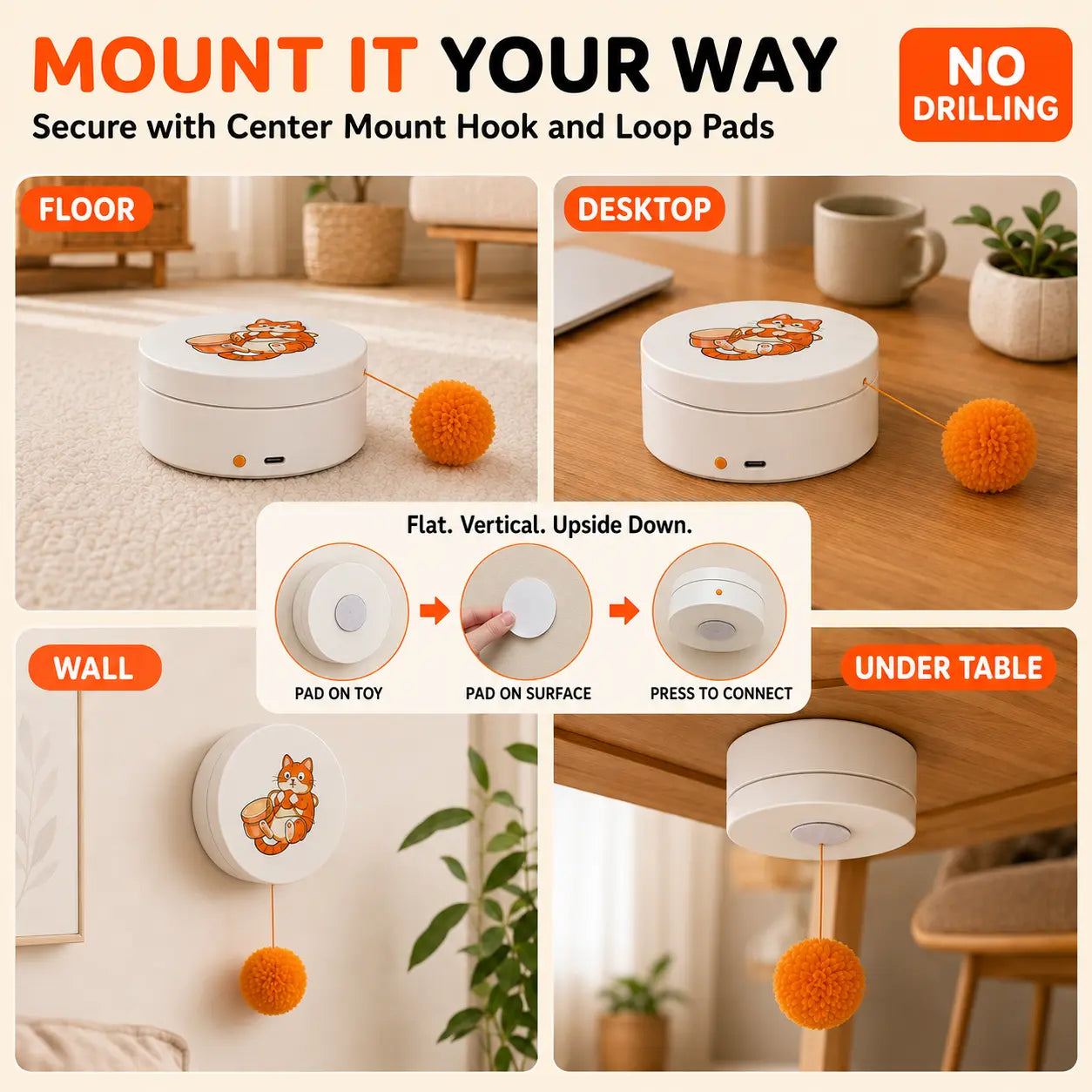Smart Rotating Cat Teaser - Rechargeable Interactive Toy with 5 Play Modes, Touch-to-Wake, Auto Sleep, Multi-Surface Mounting, and Replaceable String for Indoor Cats and Kittens