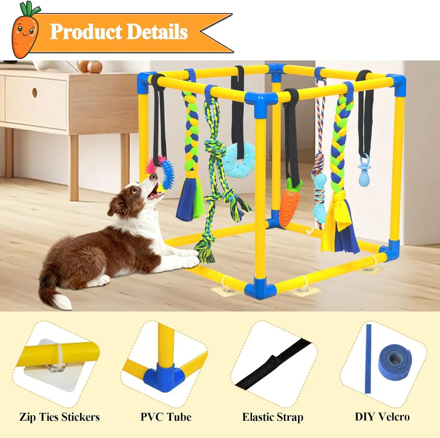 Interactive Puppy Play Gym with 8 Assorted Hanging Toys, Enrichment Activity Center for Small Dogs, Indoor PVC Frame with Adjustable Height, Squeaky, Teething, and Chew Toys, Easy-to-Remove Design