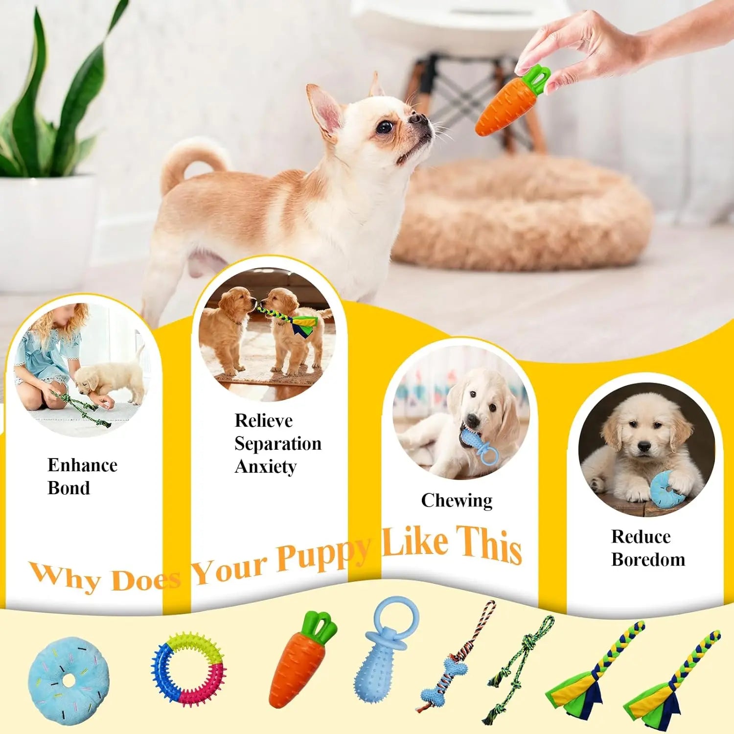 Interactive Puppy Play Gym with 8 Assorted Hanging Toys, Enrichment Activity Center for Small Dogs, Indoor PVC Frame with Adjustable Height, Squeaky, Teething, and Chew Toys, Easy-to-Remove Design