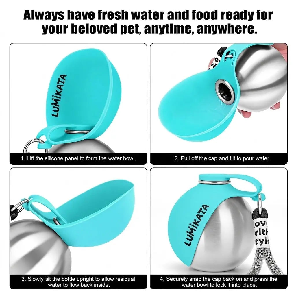 Lumikata 2-in-1 Portable Dog Water Bottle and Bowl, 10oz Stainless Steel Leak-Proof Tumbler for Walking