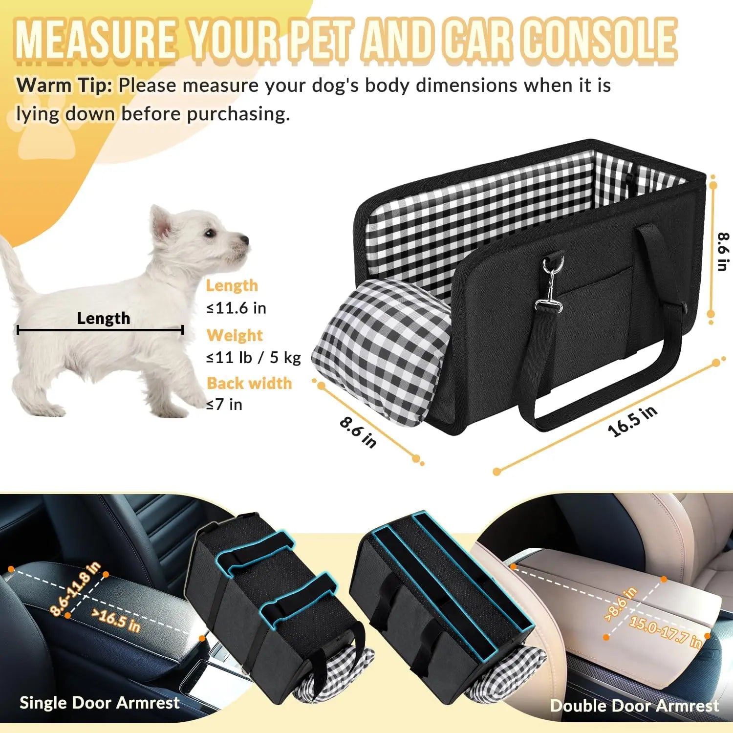 Premium Elevated Pet Booster Seat for Small Dogs and Cats (Up to 11 lbs) - Secure Anti-Collapse Carrier with Plush Mat and Safety Tether, Plaid Design